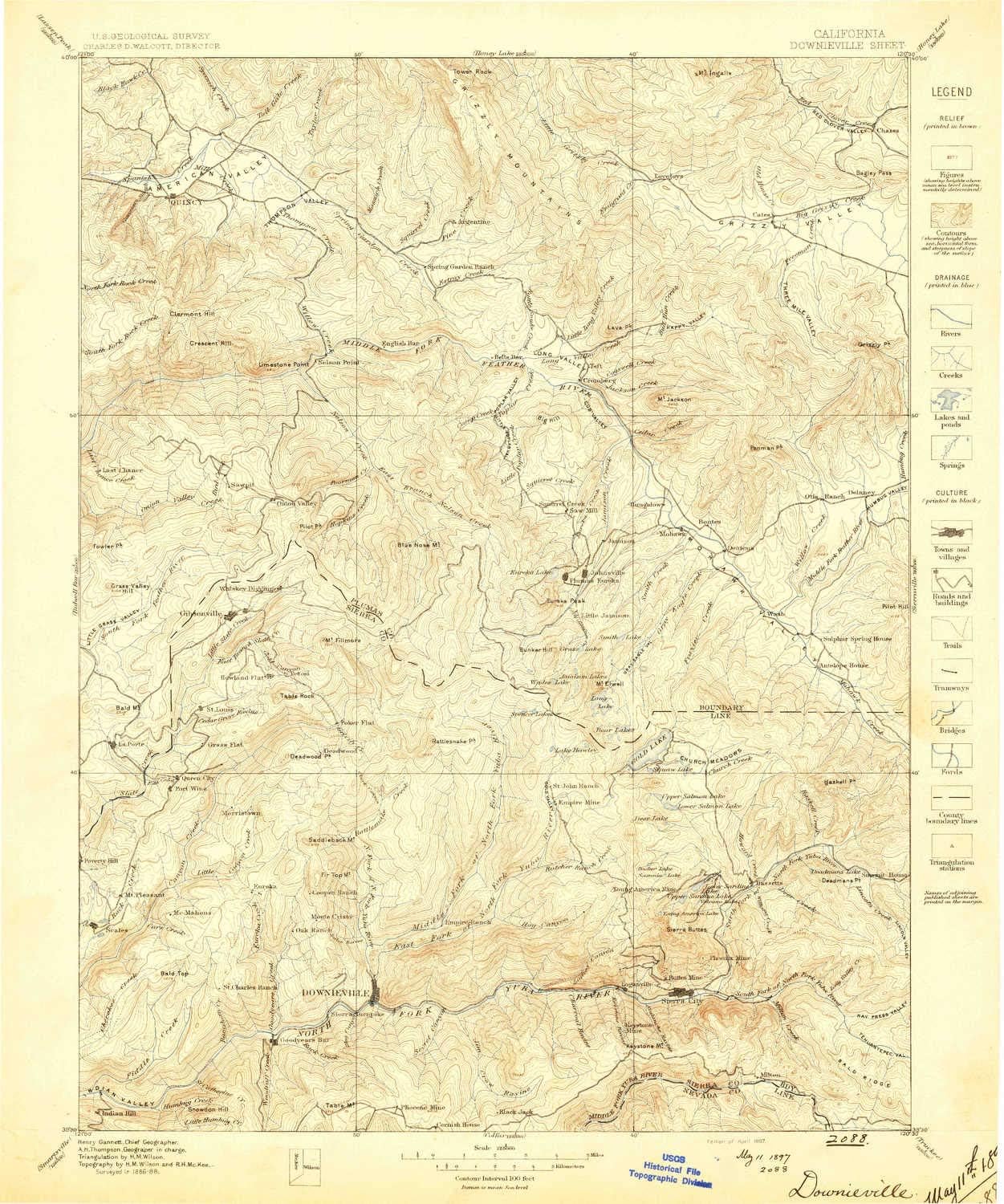 YellowMaps Downieville CA topo map, 1:125000 Scale, 30 X 30 Minute, Historical, 1897, Updated 1897, 19.6 x 16.5 in