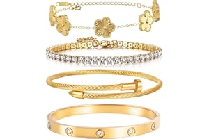 LAMDO 18K Gold Plated Womens Stackable Floral Gold Clover Bracelets Set Love Bangle Bracelets Non Tarnish, Nail Bracelet Set Trendy Jewelry,Gifts for Women's Day and Mother's Day