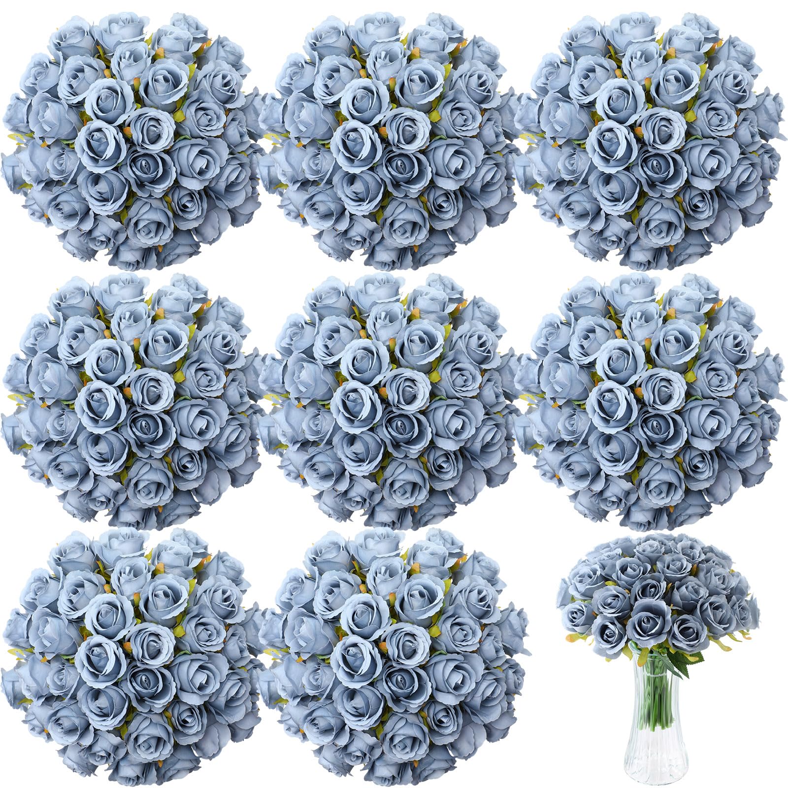 Photo 1 of Hoteam 72 Heads Dusty Blue Artificial Rose Flowers 6 Bouquet Wedding Decoration Faux Flower Arrangement Bouquet with Stem Bridal Shower Gift Floral Centerpiece for Tables
