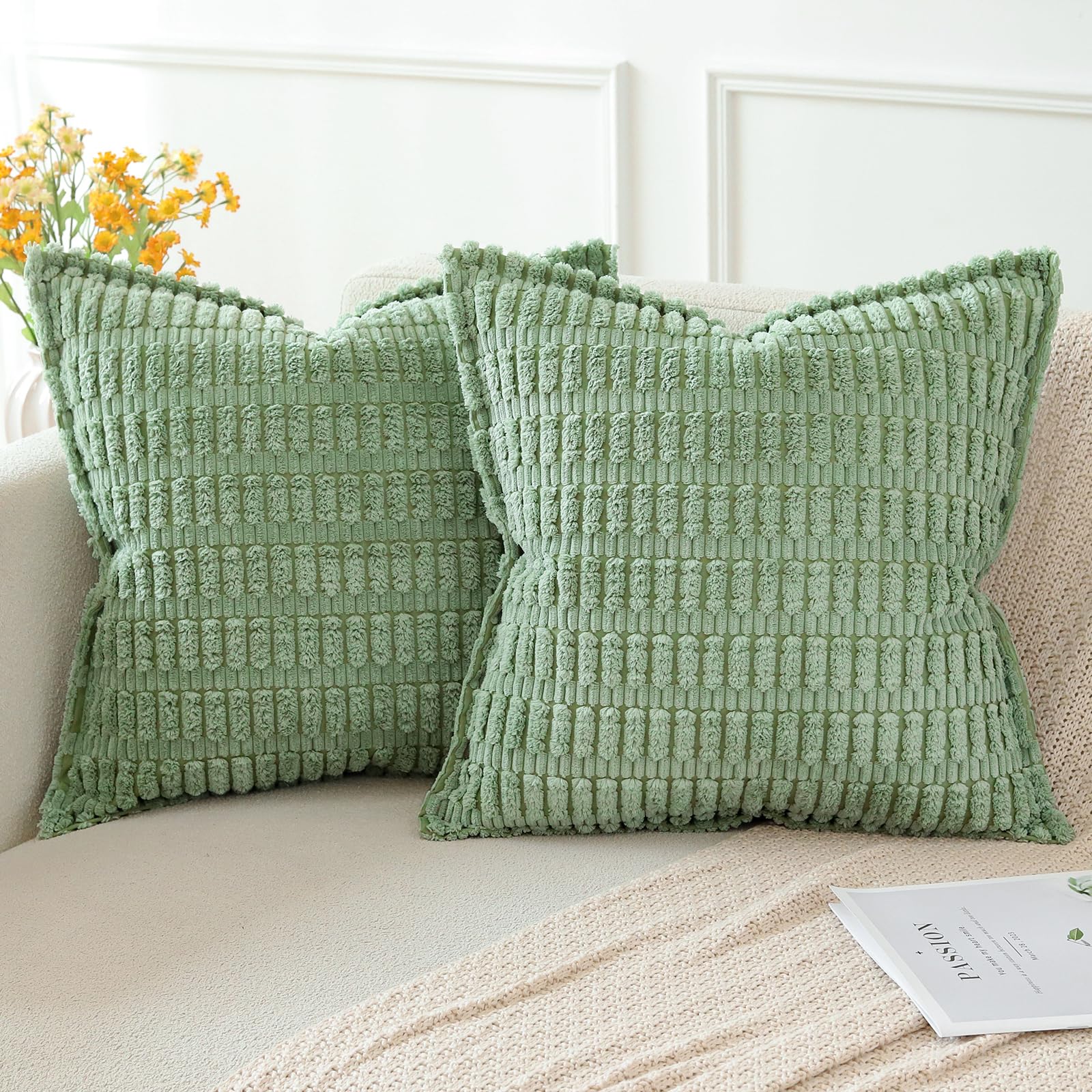 Artscope Sage Green Cushion Covers Set of 2 Corduroy Decorative Square Striped Pillowcase with Stitched Edge Pillow Covers 60x60cm for Home Decor Sofa Bedroom Car — image 1