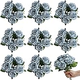 Nagobi Artificial Roses Bouquets - 8 Bundles Fake Silk Flowers Realistic Faux Florals Bulk for Wedding Bridal Party Baby Shower Event Home Arrangements Centerpieces Decorations (Dusty Blue)