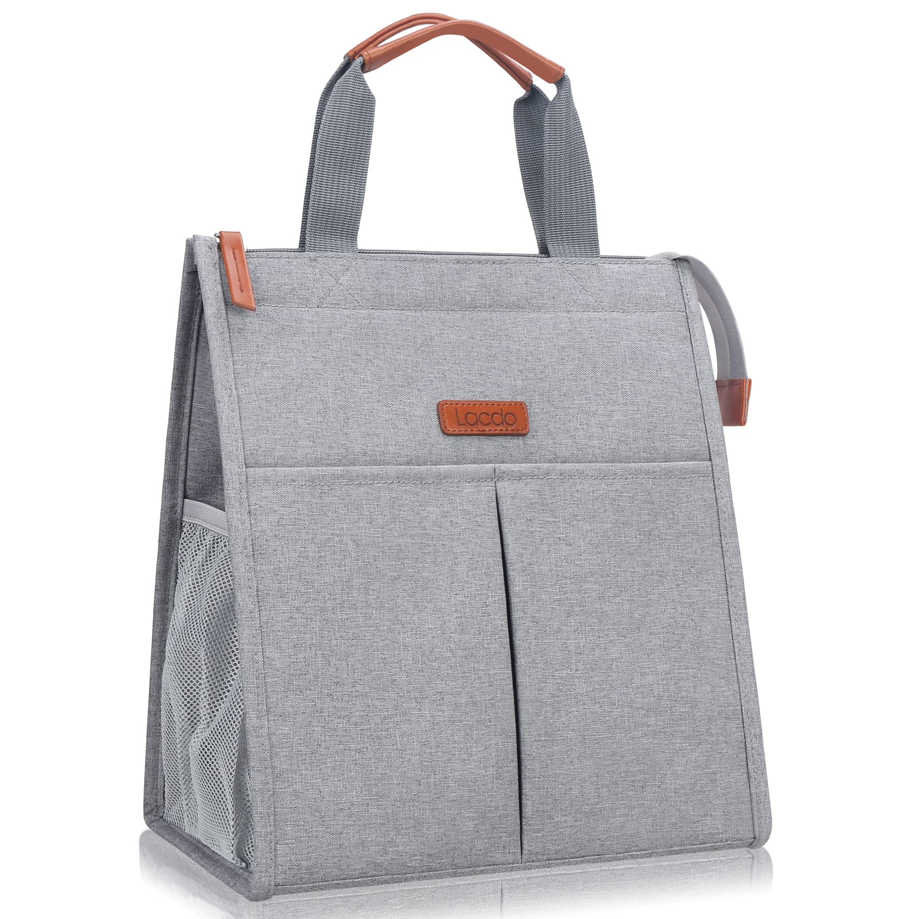 Lacdo Lunch Bag for Women Men Insulated Lunch Tote Bags Waterproof Reusable Lunch Box Soft Cooler with Pockets for Work School Travel Picnic, Grey