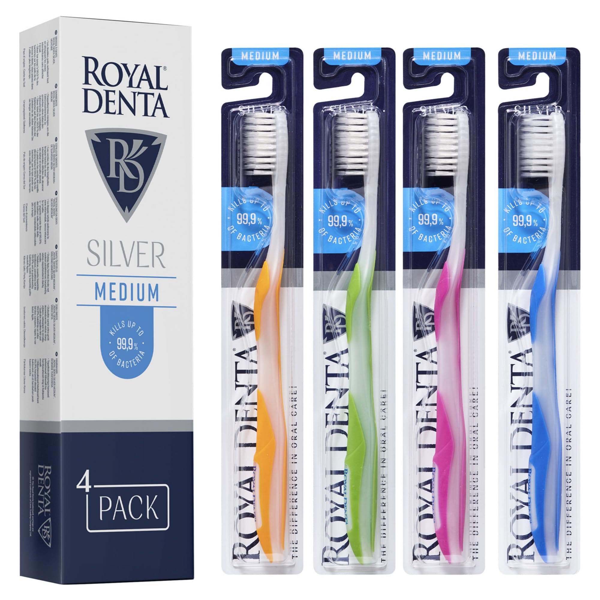 Royal Denta Flossing Toothbrush Multipack for Adults, Dual Length Silver Infused Bristles for Interdental Plaque Removal & Gum Care, Medium Soft Manual Toothbrush, Pack of 4 (Multi-Colour)