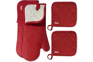 Klex Extra Long Silicone Oven Mitts and Pot Holders, 932°F Degrees Heat Resistance with Quilted Liner Oven Gloves and Hot Pads, 4 Piece Set, 15 inch, Red
