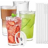 TUZAZO 20 Oz Glass Tumblers with Lids and Straws - 4 Pack Ribbed Glass Iced Coffee Cup with Straw and Lid, Thicken Glasses, Ideal for Smoothieds, Cocktails, and Juices