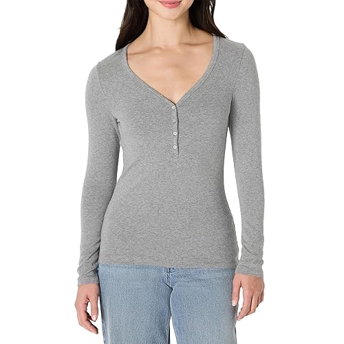 Amazon Essentials Women's Ribbed Knit Long Sleeve Henley Slim Fit T-Shirt, Grey Heather, Large
