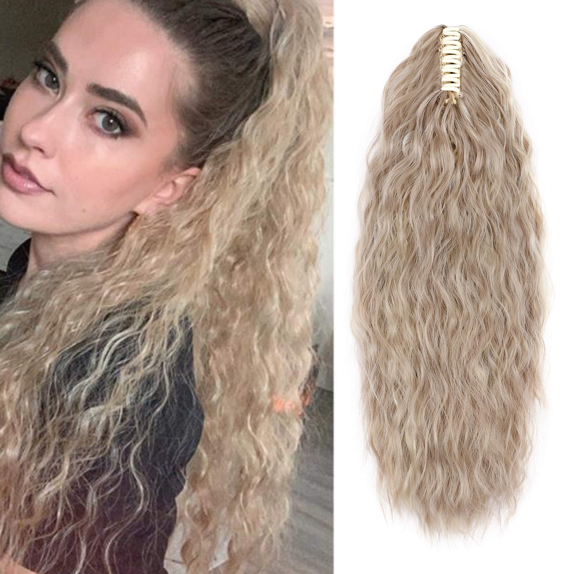 24inch Long Corn Curly Wave Ponytail Extension Synthetic Claw Ponytail Clip in Jaw Claw Hair Extensions Hairpieces for Women Sandy Blonde mix Bleach Blonde