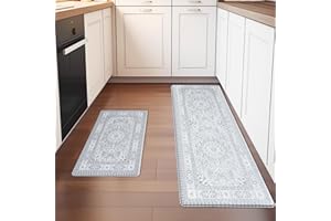 UBTKEY Kitchen Mat Set 2PCS Cushioned Anti-Fatigue Mats for Kitchen Floor, Non Slip Water Resistant Kitchen Rugs Sets of 2 for Kitchen Standing, 17.3" x 29" + 17.3" x 47" (Grey)