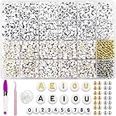 YjiaYjiaY 1500pcs Vowel Letter Beads (A, E, I, O, U) - 4x7mm Alphabet and Number Beads for Bracelets Making - 2 Styles Round With Gold Spacer (White)
