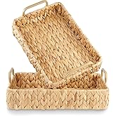 Set of 2 Rectangular Wicker Trays with Handles - Decorative Trays for Coffee Table, Ottoman, Dining Room, Living Room (Natural)