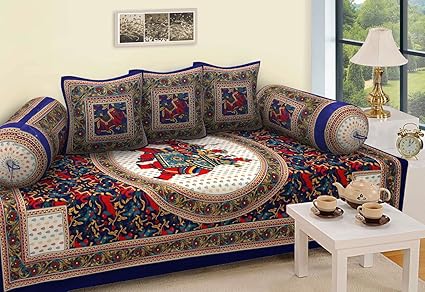 RajasthaniKart 6 Piece 144 TC Cotton Deewan Set - Abstract, Blue