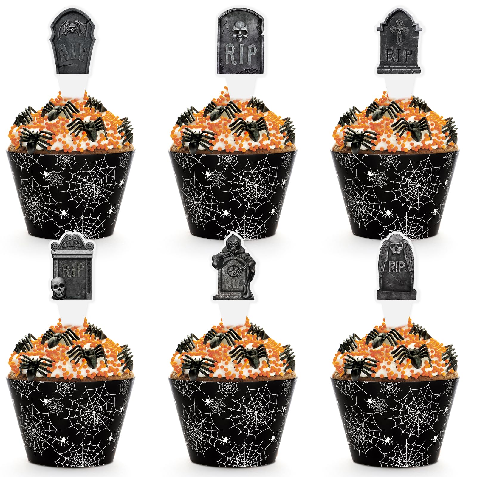 Photo 1 of Hooqict 48 Pack Halloween Cupcake Toppers and Liners Black Spider Web Tombstone Skeleton Cupcake Picks Decorations for Halloween Birthday Party Decoration Supplies