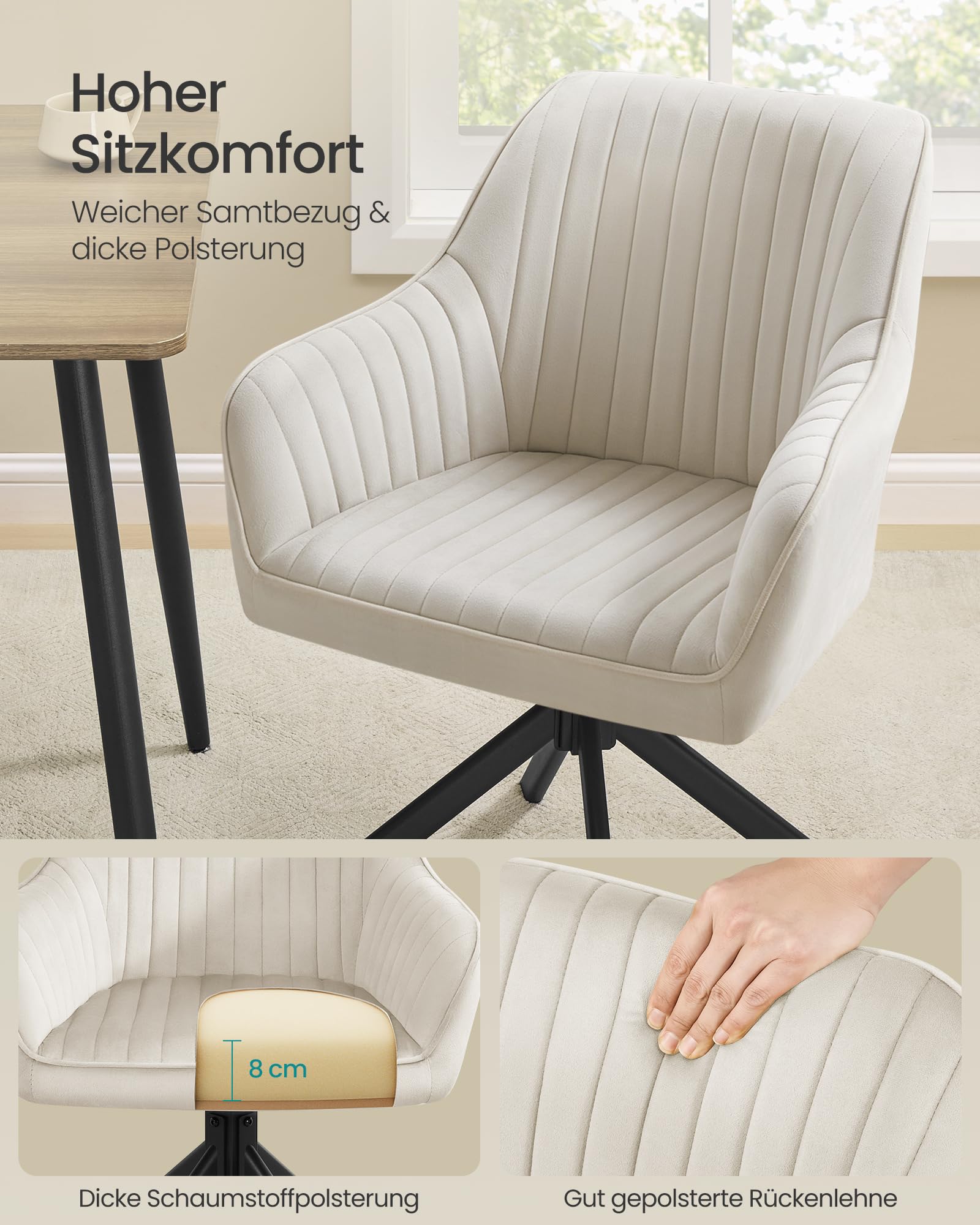 SONGMICS Esszimmerstuhl, bis 120 kg belastbar, Küchenstuhl, Sessel drehbar, Samt, Polsterstuhl mit Armlehnen, Stahlbeine, für Esszimmer, Küche, cappuccinobeige-tintenschwarz KDC161LH01V2 6