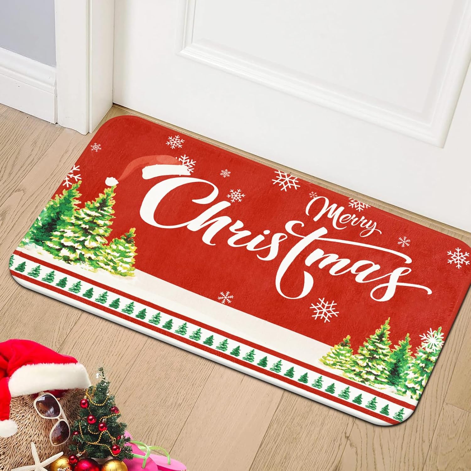 Tree Trays & Mats - Yinhua Christmas Door Mat Winter Outdoor Entrance Christmas Tree Doormat Entryway Rug for Home Easy Clean Red Doormat Indoor Entrance Outdoor Mat 30X18 Inch