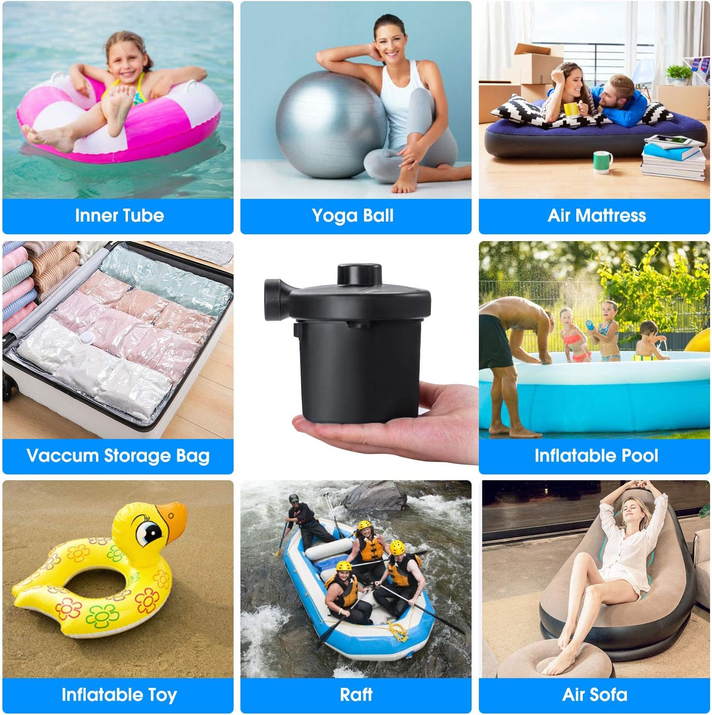 Air Pump for Air Mattress, Air Mattress Pump for Inflatables, Quick Fill Inflator Deflator Air Pump Perfect for Outdoor Camping Inflatable Boat Blow Up Pool Water Toy Car Air Bed: Sports & Outdoors