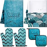Bencailor 6 Pcs Teal Mountain Kitchen Towels Oven Mitts and Pot Holders Set | Decorative Dish Towels, Tea Washcloth, Non Slip Heat Resistant Oven Gloves, for Christmas Home Cooking Baking
