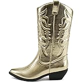 Soda Women Cowgirl Cowboy Western Stitched Boots Pointy Toe Knee High Reno-S (8.5, GOLD METALLIC PU, numeric_8_point_5)