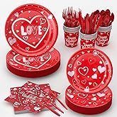 JIEFULL 168 PCS Valentine's Day Party Tableware, Hot Heart Love Disposable Paper Party Plates and Cups and Napkins Sets Serves 24 for Wedding, Gatherings, Engagements, Anniversary Party Supplies, Red