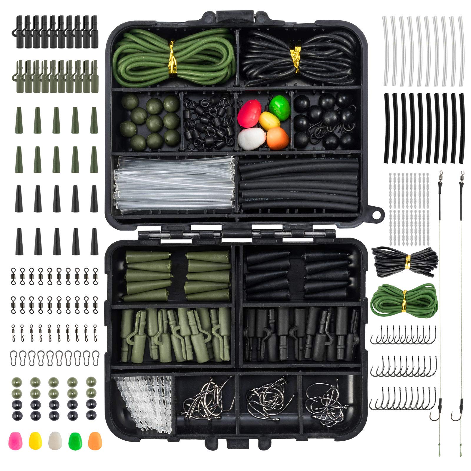 Dr.Fish Set of 280 Carp Fishing Tackle Accessories in Box 2 Ready Hair Rigs Fishing Gift Safety Clips Swivel Snap Corn Tubing, Green Black
