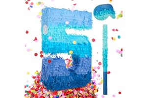 Sratte Number 1 2 3 4 5 6 7 8 9 Piñata with Stick Blindfold Confetti, Gradient Blue Piñata for Kids Boys Girls Birthday Party Anniversary Decorations Supplies(Number 5)
