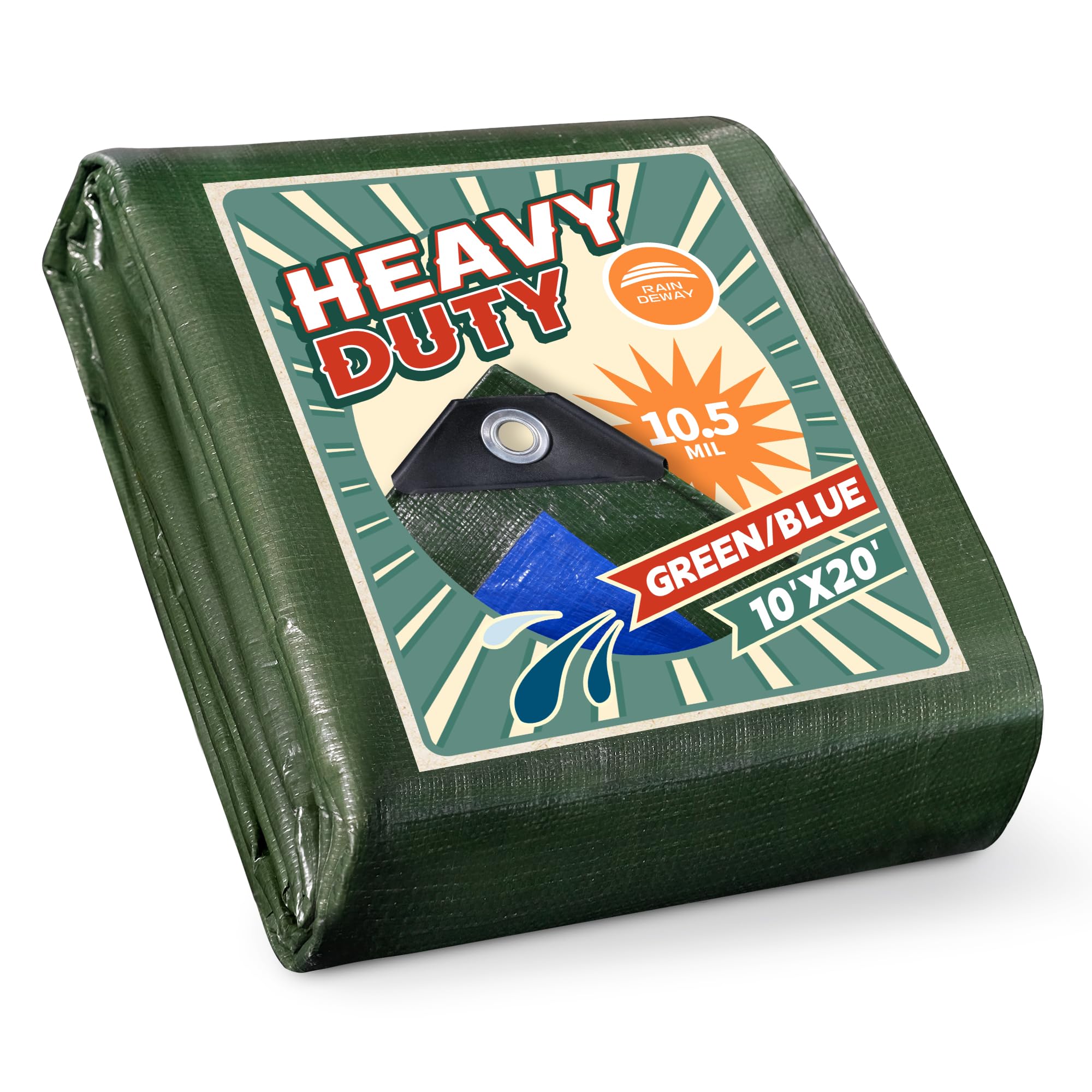 RAINDEWAY Tarps Heavy Duty Waterproof 10x20 Feet,10.5 Mil Waterproof Tarps for Outdoors,Multipurpose Poly Tarp Cover with Metal Grommets and Reinforced Edges,Green/Blue Image