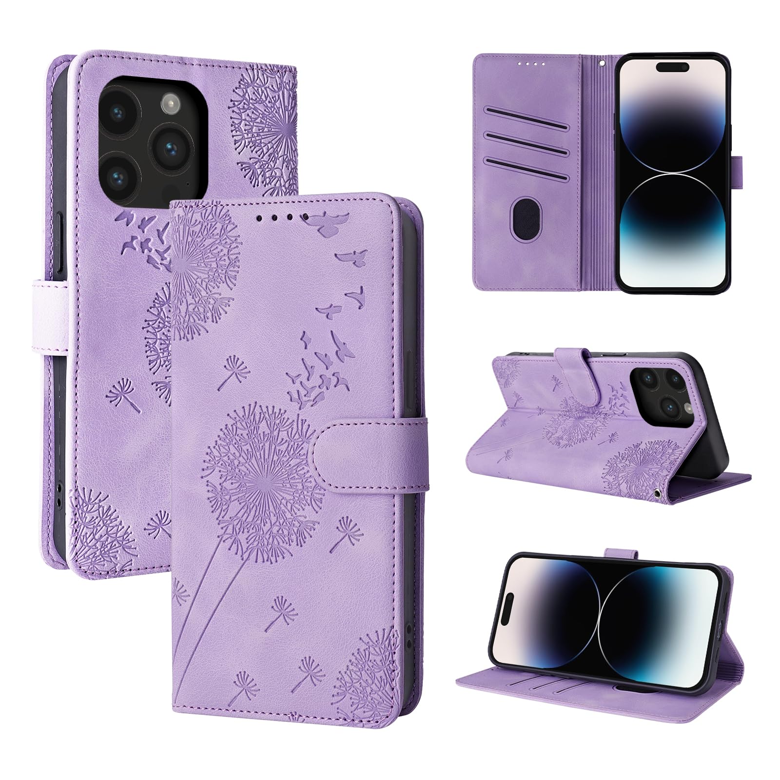 Rostsant Case for iPhone 14 Pro Dandelion Cover Premium PU Leather Flip Phone Case Wallet Card Slots Protective Cover for iPhone 14 Pro Purple — image 1
