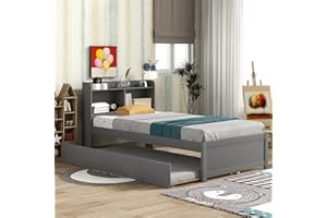 HomSof Twin Bed with Trundle,Bookcase,Grey