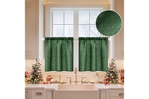 MIULEE Christmas Linen Cafe Curtains 24 Inch Length for Kitchen Bathroom Over Sink 2 Panels, Farmhouse Rod Pocket Short Semi Sheer Light Filtering Tier Curtains for Small Half Window, Emerald Green