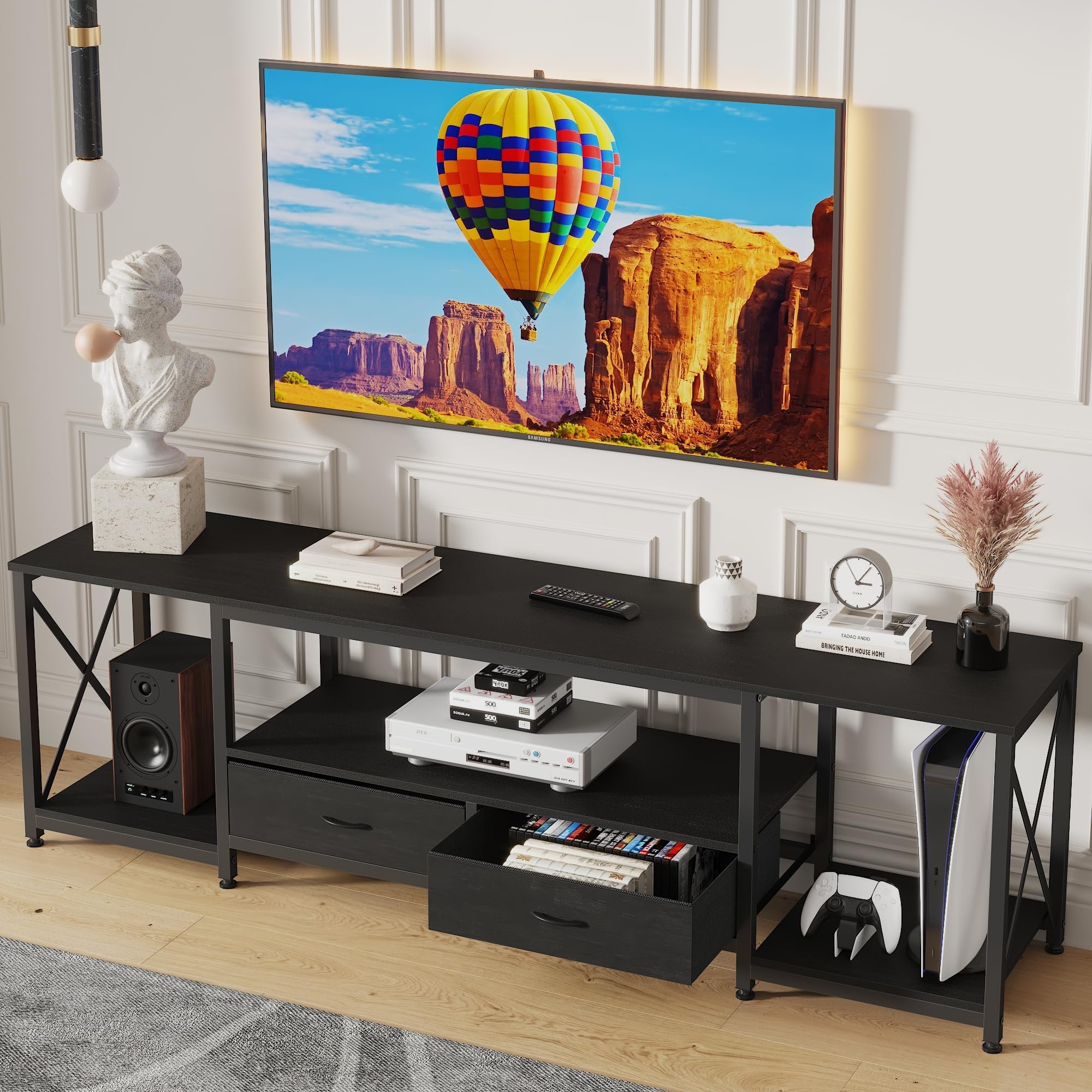 GYIIYUO TV Stand with Fabric Drawers - Entertainment Center and Industrial TV Console Table with Open Storage Shelves for Living Room, Bedroom - 55.1" Black Image