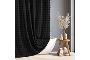 Siiluminisoy Black Boho Shower Curtain Woven Fabric Cute Shower Curtain, 72 x 72 Tufted Pleat Floral Textured Modern Farmhouse Minimalist Shower Curtain Set with Hooks for Bathroom