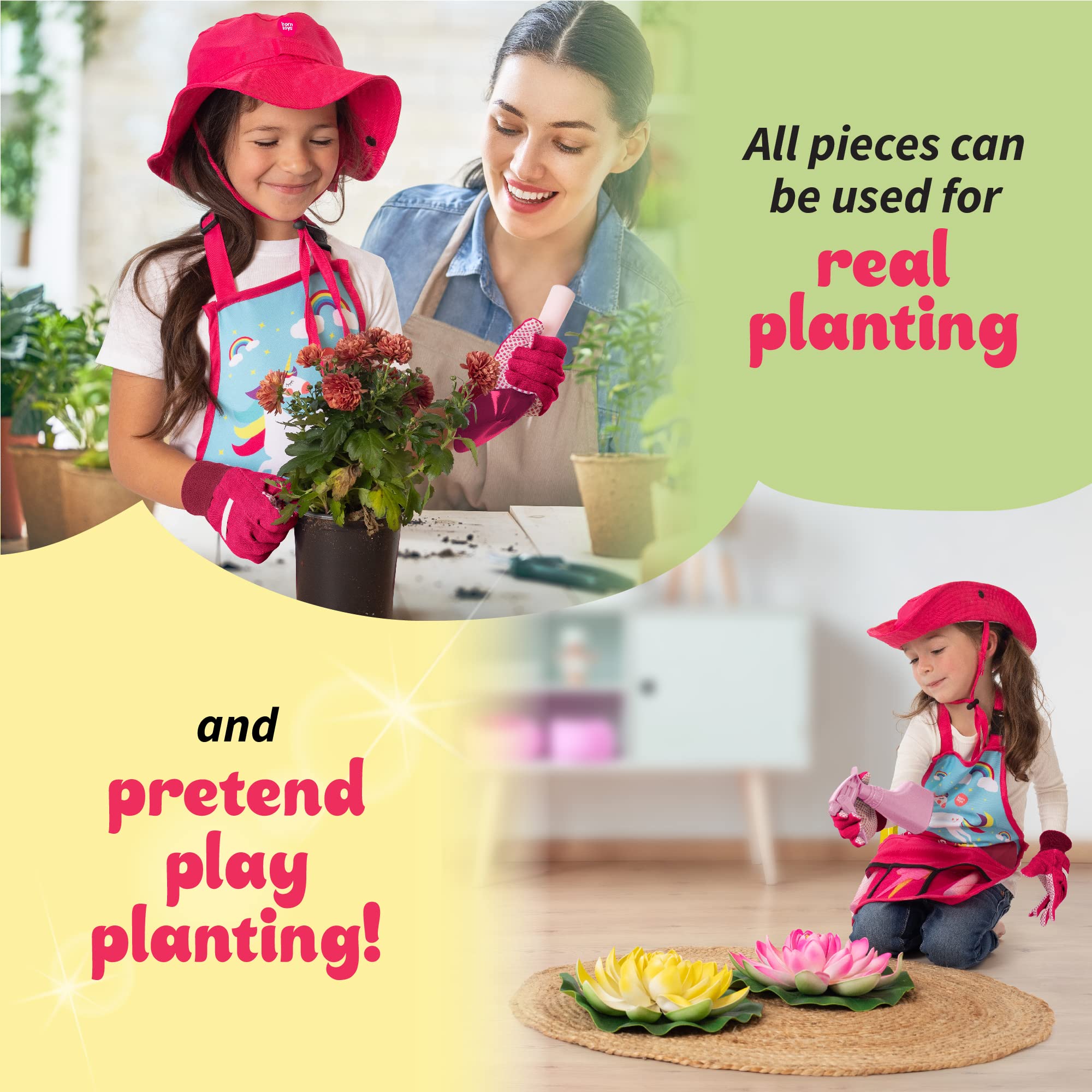 Born Toys Unicorn Kids Gardening Set for Ages 3 & Up, Includes Apron, Sun Hat, Gloves, Shovel - 11pcs Girls Gardening Kit (Pink)