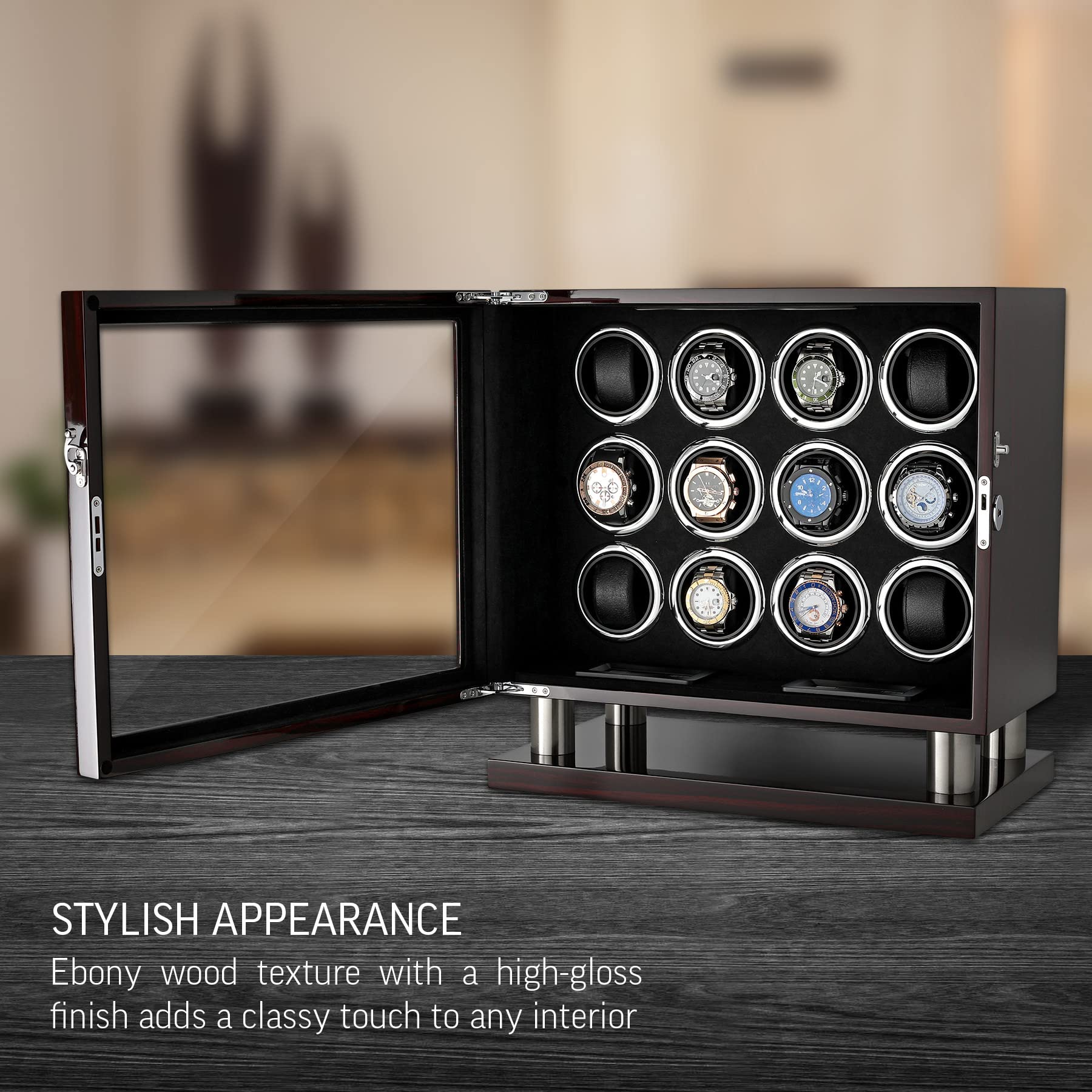 12 Watch Winder for Automatic Watches with LED Light and LCD Touchscreen Control (Ebony + Black)
