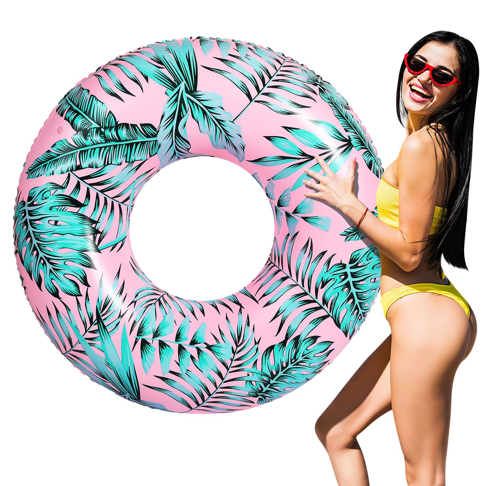 MoKo Pool Float for Adults, Inflatable Swimming Pool Float Large Fun Print Pool Raft Water Toys Floaties for Adults Swim Ring for Summer Beach Pool, Pink & Green Leaf