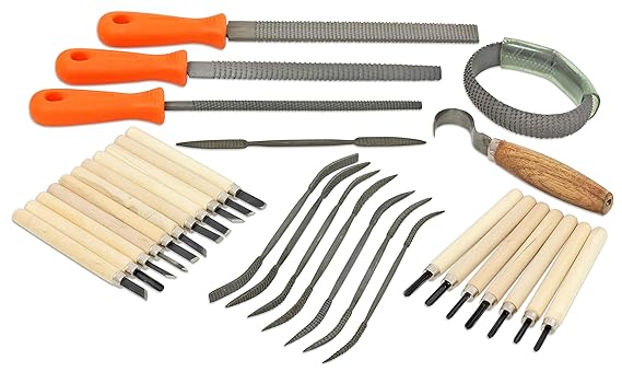 Speckstein-Werkzeug im Set, 31 Teile, Raspel, Schnitzwerkzeuge und Messer - Kunst-Unterricht Kinder
