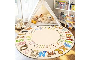 Bolacrom Kids Rugs for Playroom, 4'x4' Round Educational Rug for Learn The ABC Alphabet, Soft Machine Washable Non-Slip Cute Animal Carpet for Classroom Toddler Nursery Kids Room Decor Mat, Beige