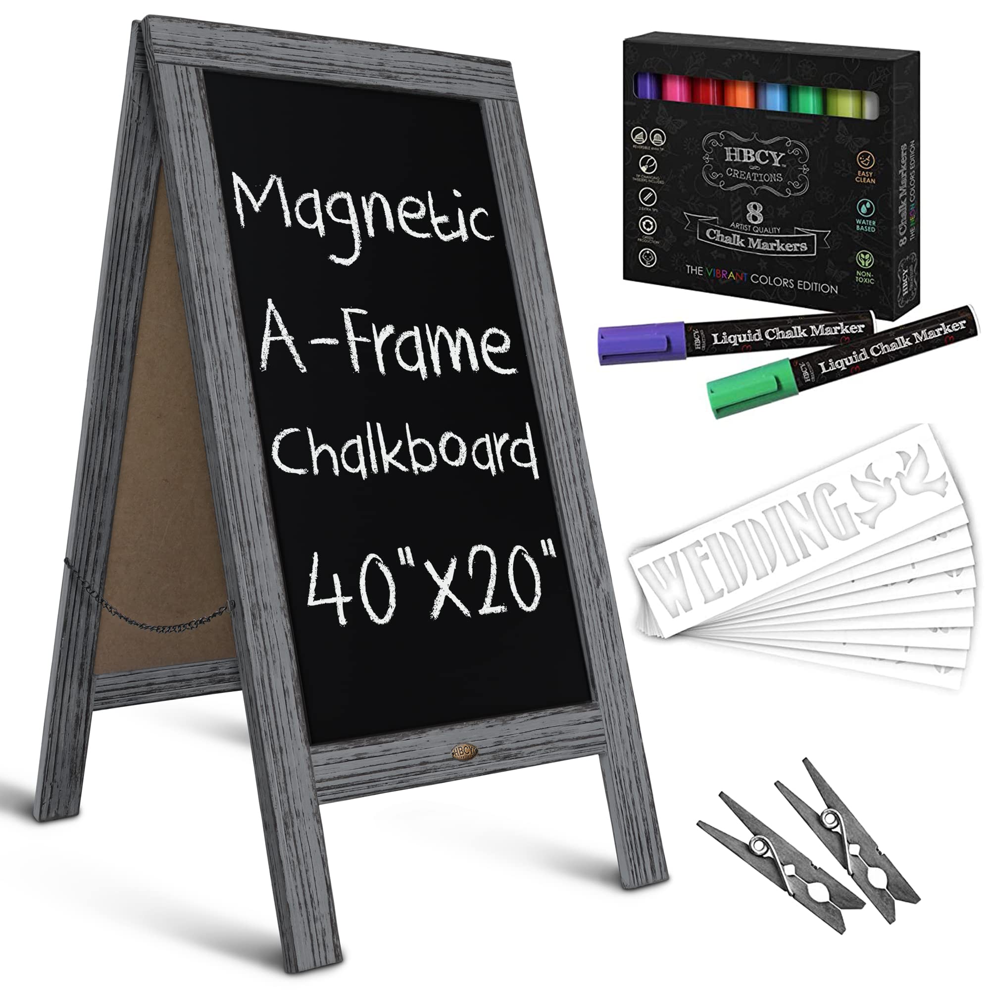 A Frame Chalkboard with Chalk Markers by HBCY Creations: 40x20 Solid Wood A-Frame Sign Gray Double-Sided Magentic Menu Board, Deluxe Set Includes 8 Chalk Markers, 10 Stencils, 2 Magnets Image