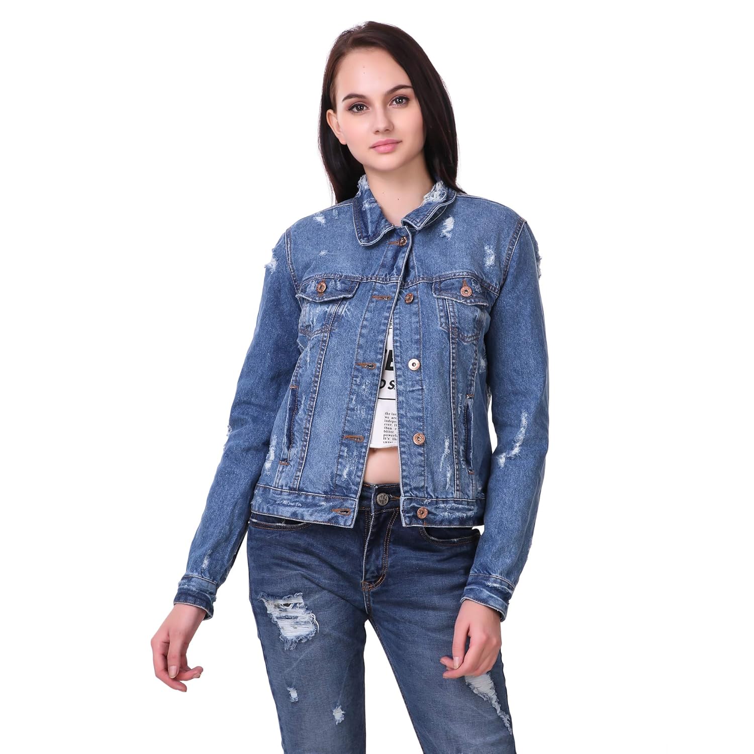cali republic women's trendy slim fit distressed denim jacket