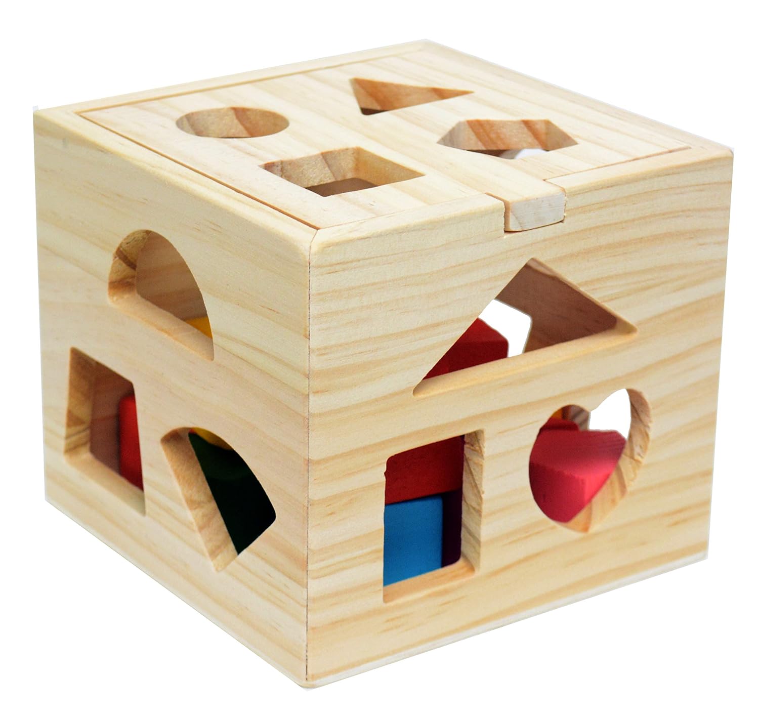 Shape Sorting Cube Toys With 13 Pcs Wooden Blocks, colorful Sorter Game Toddler Grip solid Build