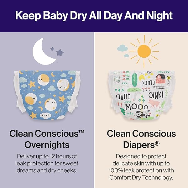 THE HONEST COMPANY COMFORT DRY OVERNIGHT DIAPERS, UP TO 12 HOURS PROTECTION, HYPOALLERGENIC, COZY CLOUD + STAR SIGNS, CLUB BOX SIZE 5 (27+ LBS), 40 COUNT