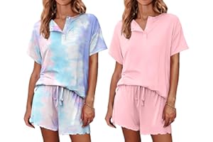 Ekouaer 2 Pack Womens Pajama Sets Short Sleeve Top with Shorts Soft Comfy Loungewear Sleepwear S-XXL