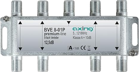 Axing BVE 8-01P 8-fach Verteiler Kabelfernsehen CATV Multimedia DVB-T2 Klasse A+, 10dB, 5-1218 MHz metall