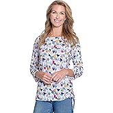 MULTIPLES Women's Multi-Button 3/4 Sleeve Drop Shoulder Bateau Neck Side Drawstring Top
