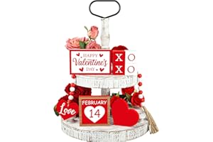 8 Pcs Valentines Day Tiered Tray Decor Set Love Heart Wooden Table Sign Bead Garland Rustic Farmhouse Valentine Tray Signs Ta