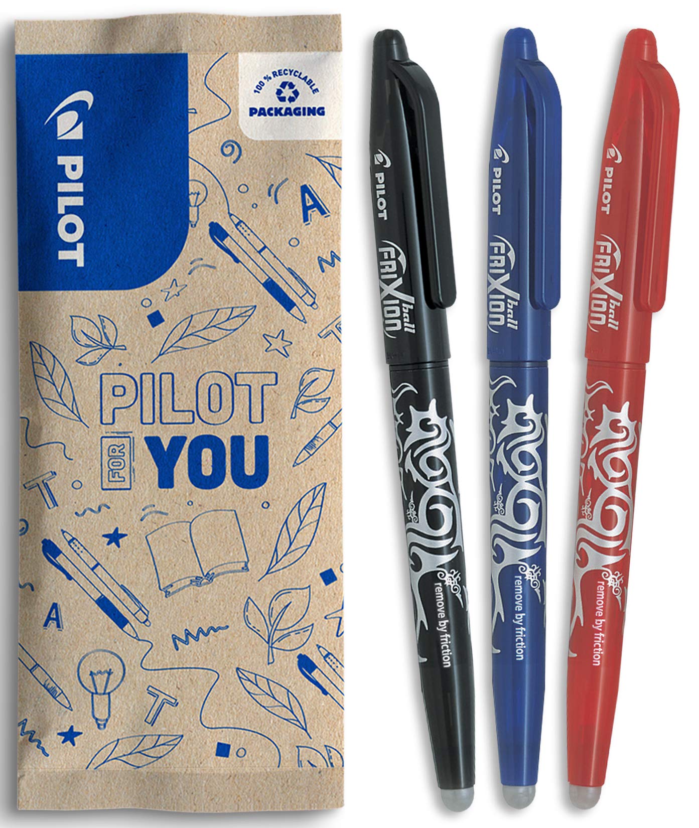 PILOT - 3 Frixion Ball - Erasable Gel Ink - Refillable and Ergonomic Rollerball Pen - Black, Blue, Red - Medium Tip