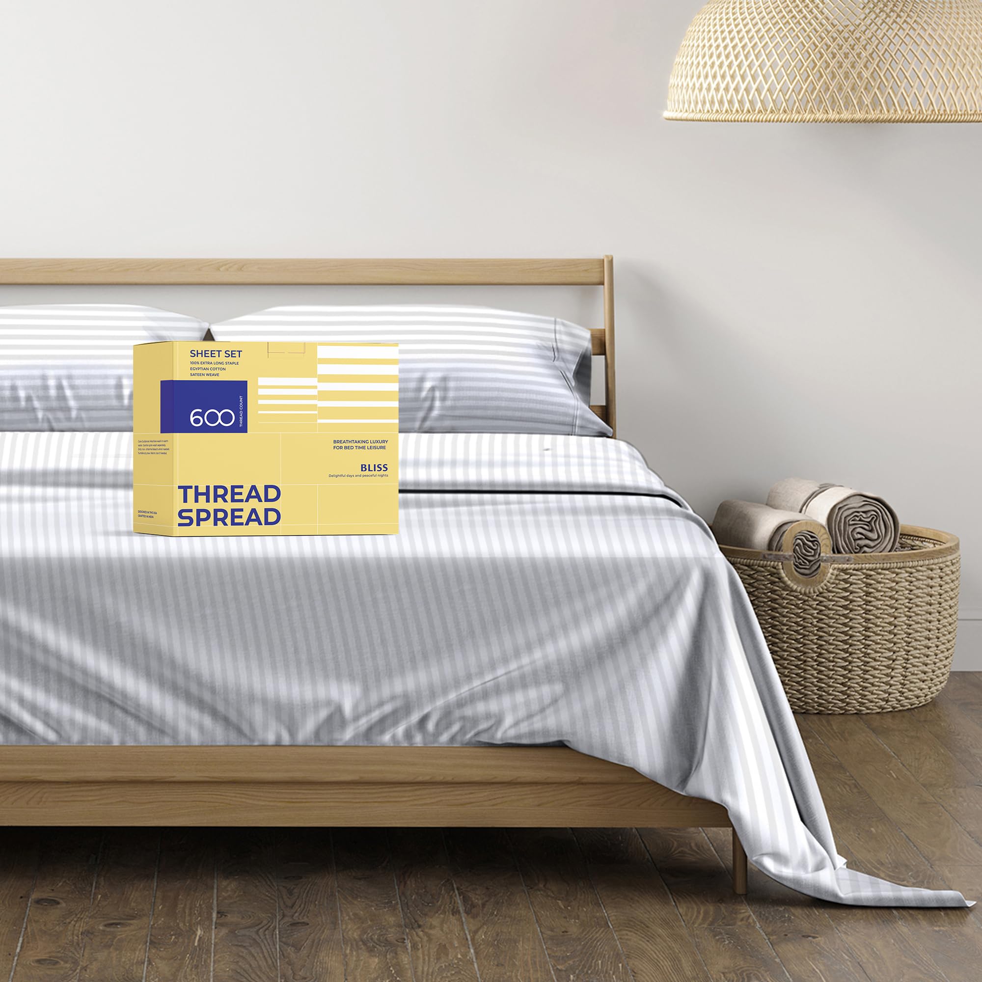 Photo 1 of THREAD SPREAD Luxury Egyptian Cotton Full Stripe Sheet Set, 600 Thread Count Extra Long Staple 4 Piece Set, Full White Damask Sheets, Soft, Cooling Sateen Weave Striped Sheets Upto 18" Deep Pocket