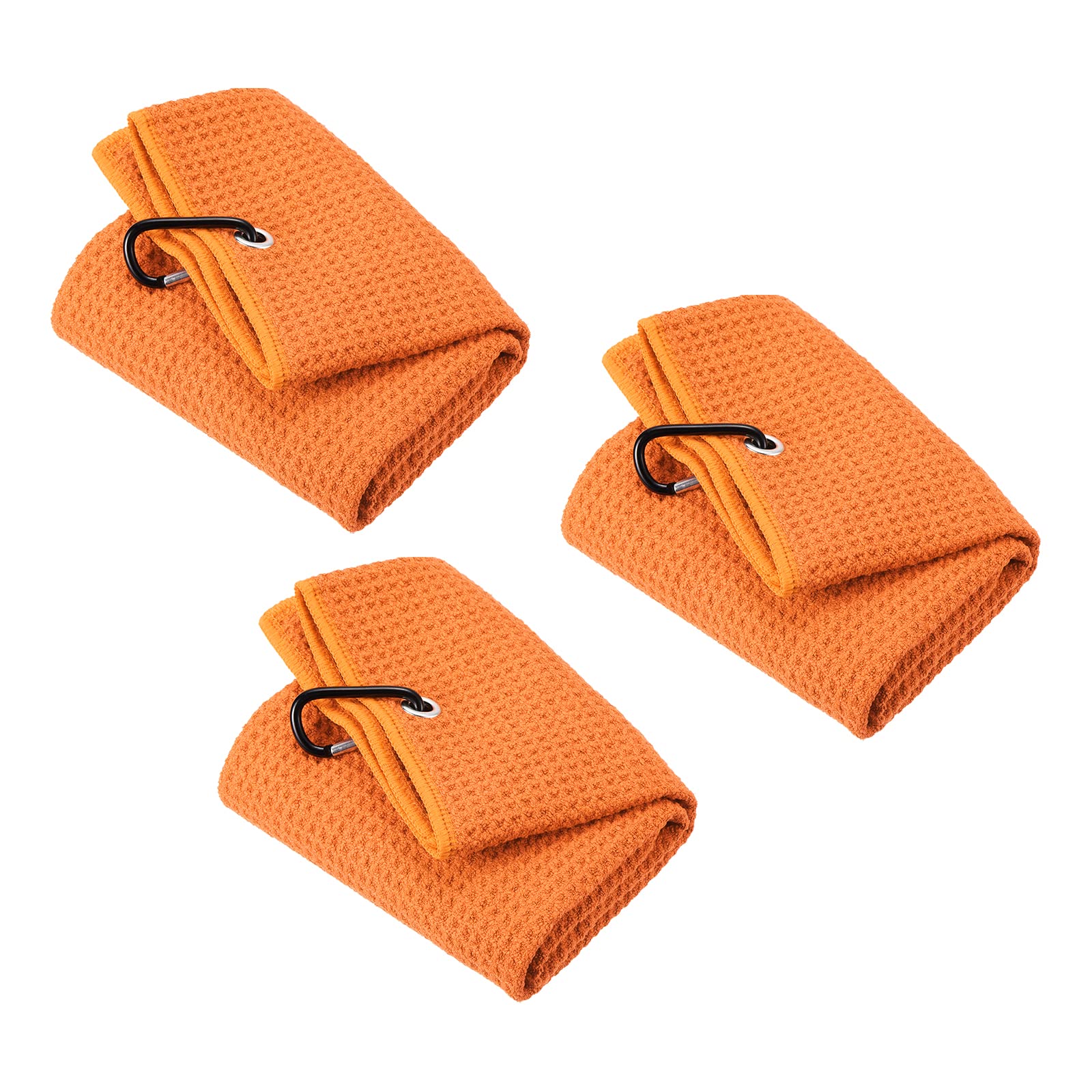 PATIKIL 20"x16" Tri-Fold Golf Towels, 3 Pack Waffle Pattern Towels Soft Fiber Strong Water Absorption with D Clip for Golf Lovers, Orange