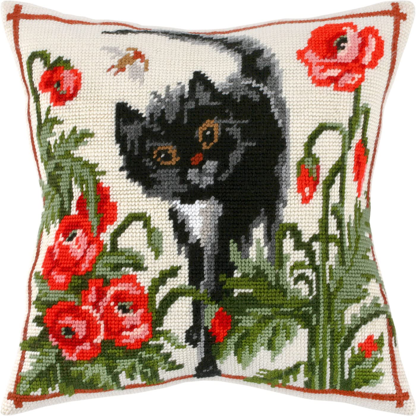 Brvsk A Cat in Poppies. Needlepoint Kit w/Printed Tapestry Canvas (40 × 40 cm) — Needlepoint Cushion Kit for Creative Home Décor — Needlework Kit for Adult Beginners