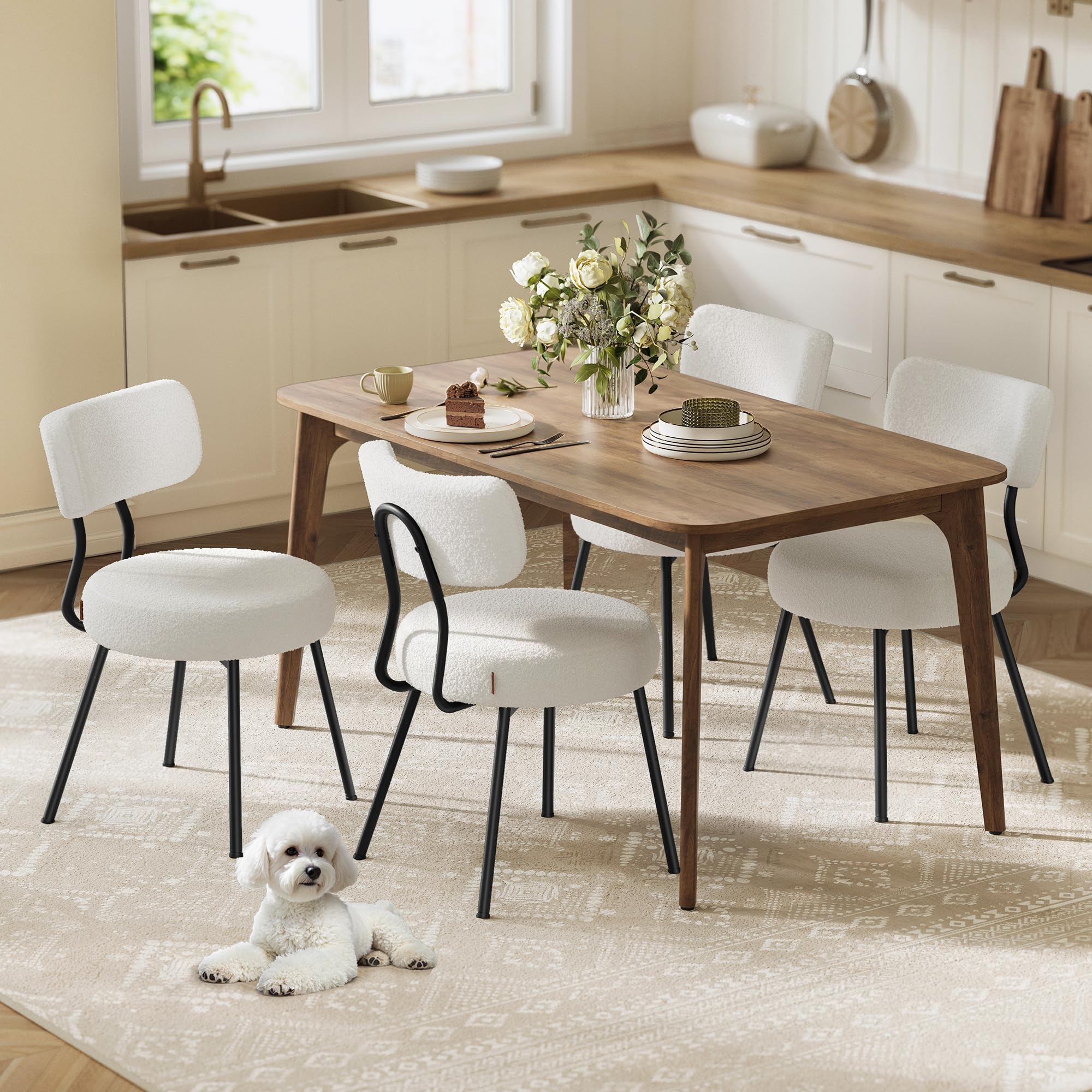 Photo 1 of **PARTIAL SET** VASAGLE Boucle Dining Chairs Set of 4, Upholstered Kitchen Dining Room Chairs with Curved Backrest and Steel Frame, Modern Mid Century, Round, for Vanity, Living Room, Cream White UKDC110W14