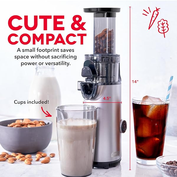DASH DELUXE COMPACT COLD PRESS JUICER – SLOW MASTICATING JUICER MACHINE FOR FRUITS AND VEGETABLES WITH FROZEN ATTACHMENT – EASY TO CLEAN JUICE PRESS FOR HOME COUNTERTOPS – GRAPHITE