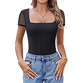 Avidlove Women's Short Sleeve Bodysuits Sexy Square Neck Body Suit Mesh Double Lined Tshirt Leotard Tops Going Out